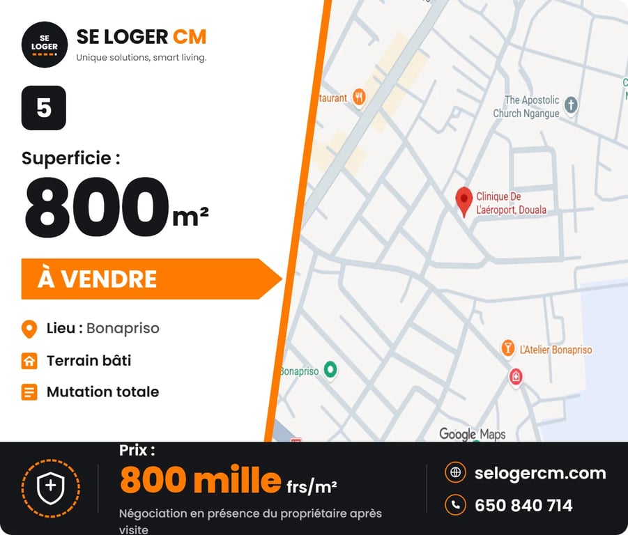 Terrain 826m² Bonapriso, près Clinique aéroport - 640M FCFA