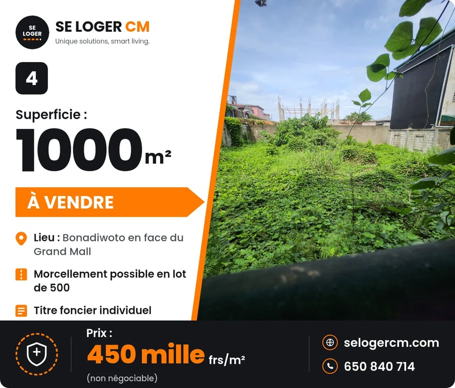 Terrain face Grand Mall, Bonadiwoto - 450M FCFA