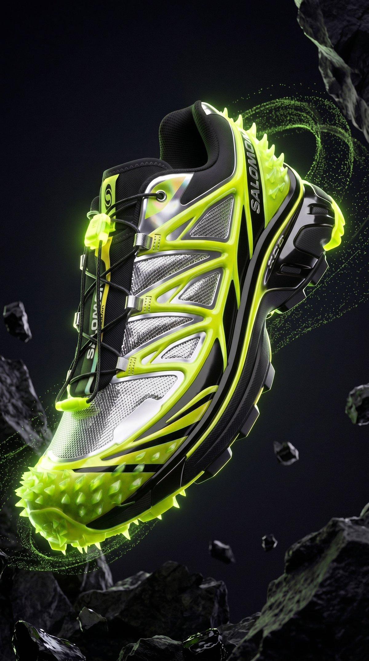 Conceito de tênis de trail Salomon x NVIDIA flutuando em um vazio vulcânico escuro