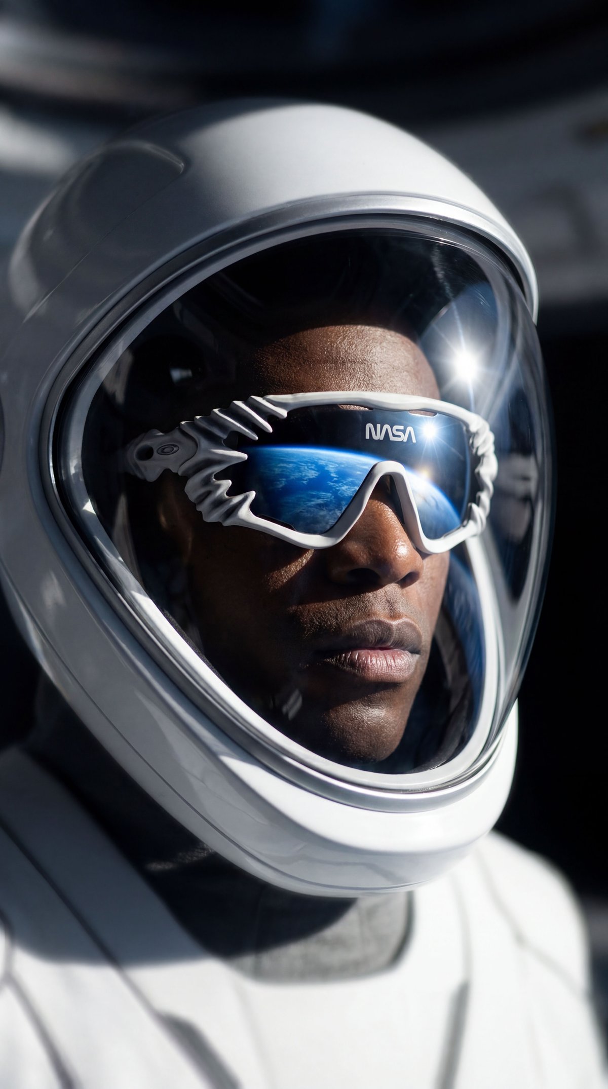 Conceito de óculos de sol NASA x Oakley pousados numa cratera de impacto lunar