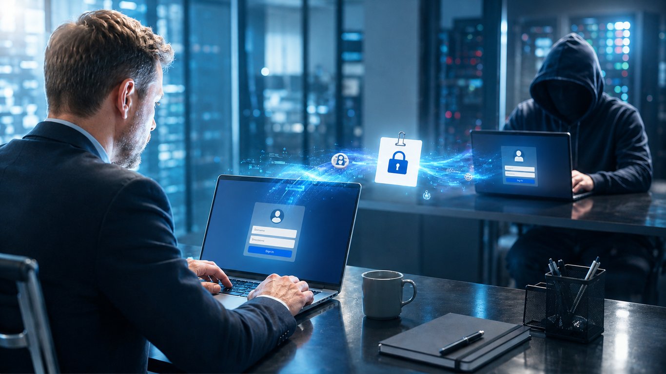 A businessman works on a laptop in a modern office while a hooded cybercriminal sits across from him in a darker area, connected by glowing blue digital data streams and security icons representing a cybersecurity attack or session token theft.