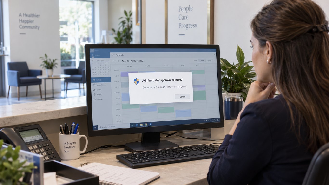 A receptionist pauses at an administrator approval prompt on her office computer, illustrating how standard user accounts help businesses control software installations and changes to company computers.