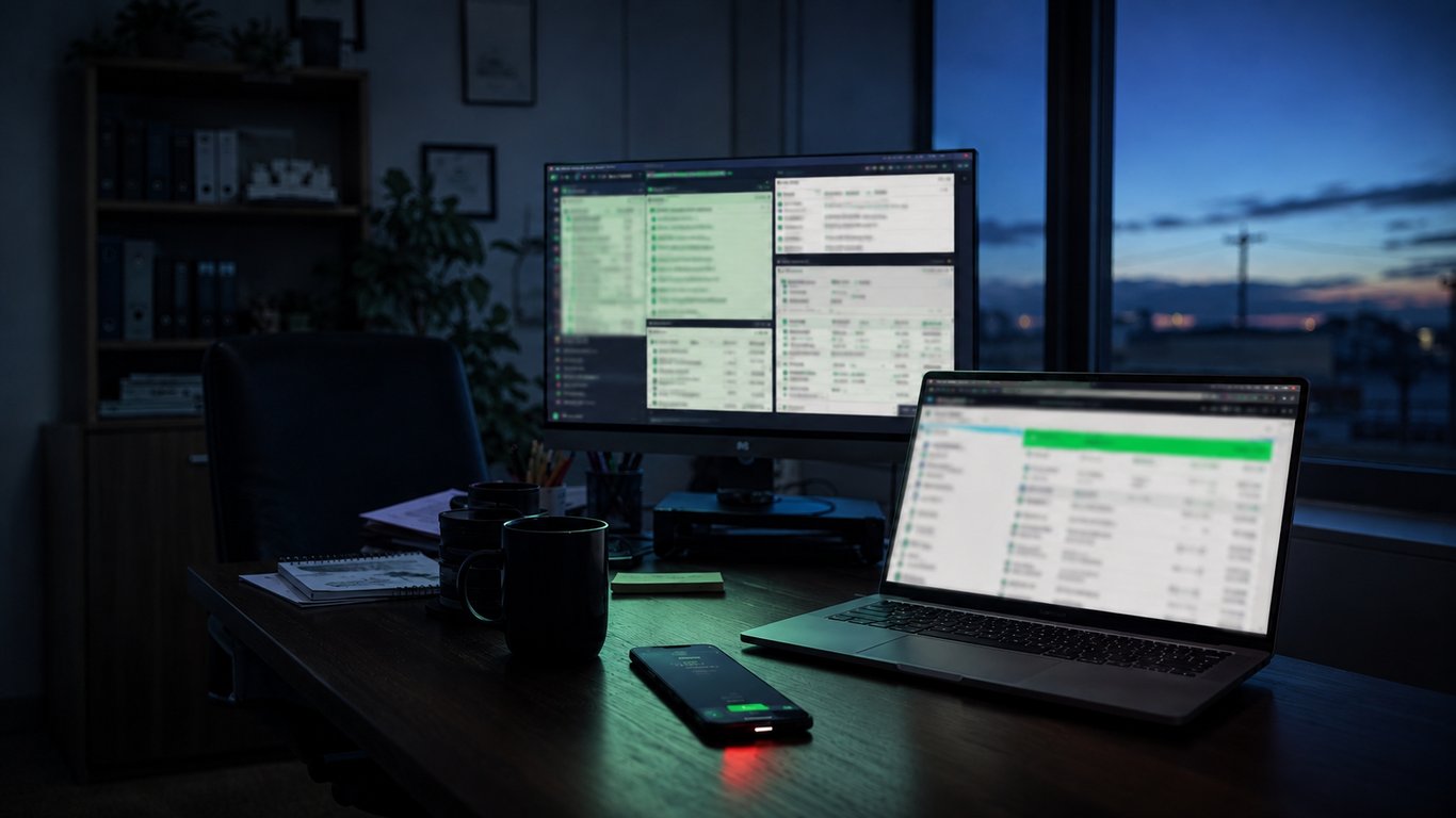 Unattended office workstation with email and financial records open beside a security alert on a smartphone.