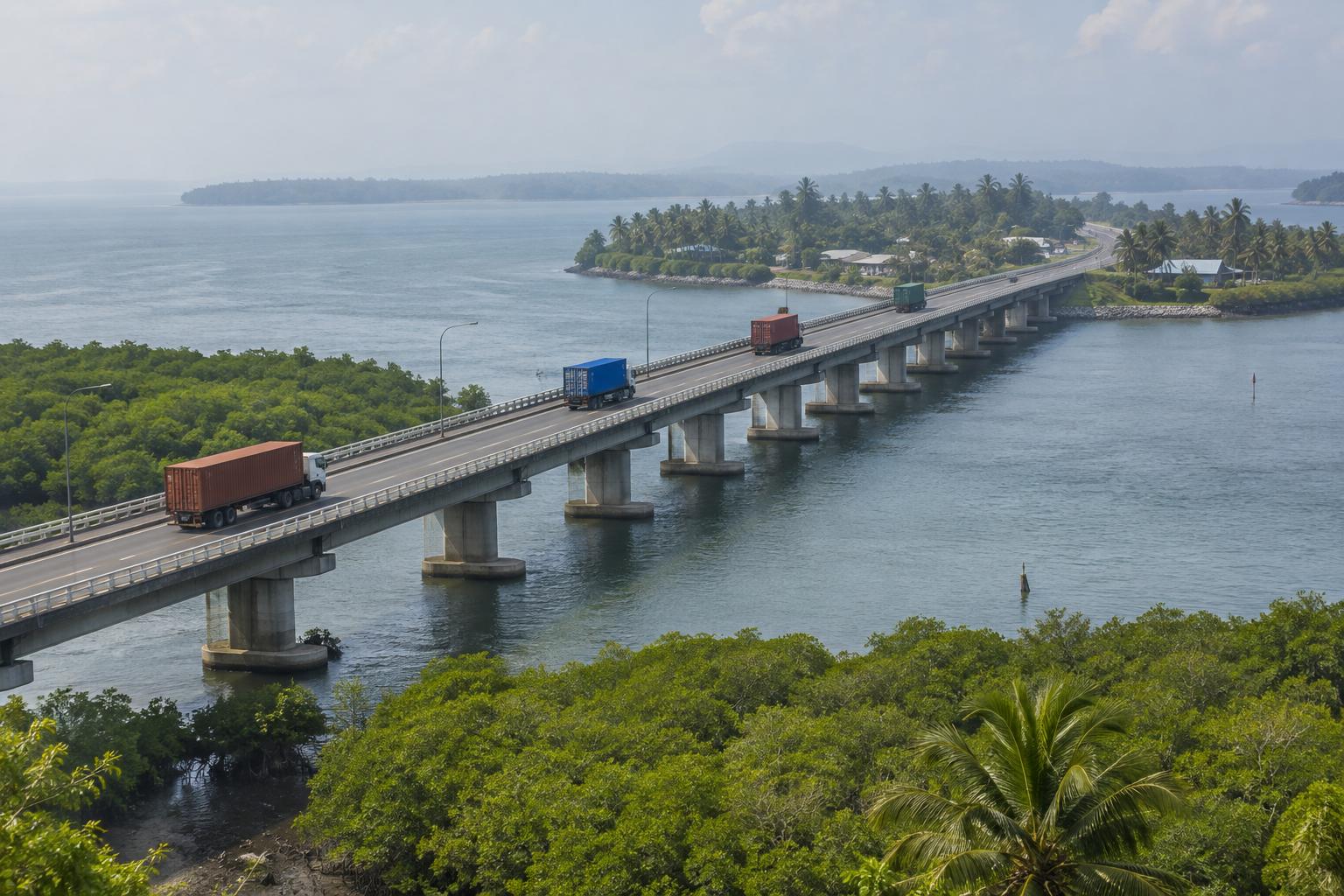 Jambatan jalan ke pulau dengan lori kontena