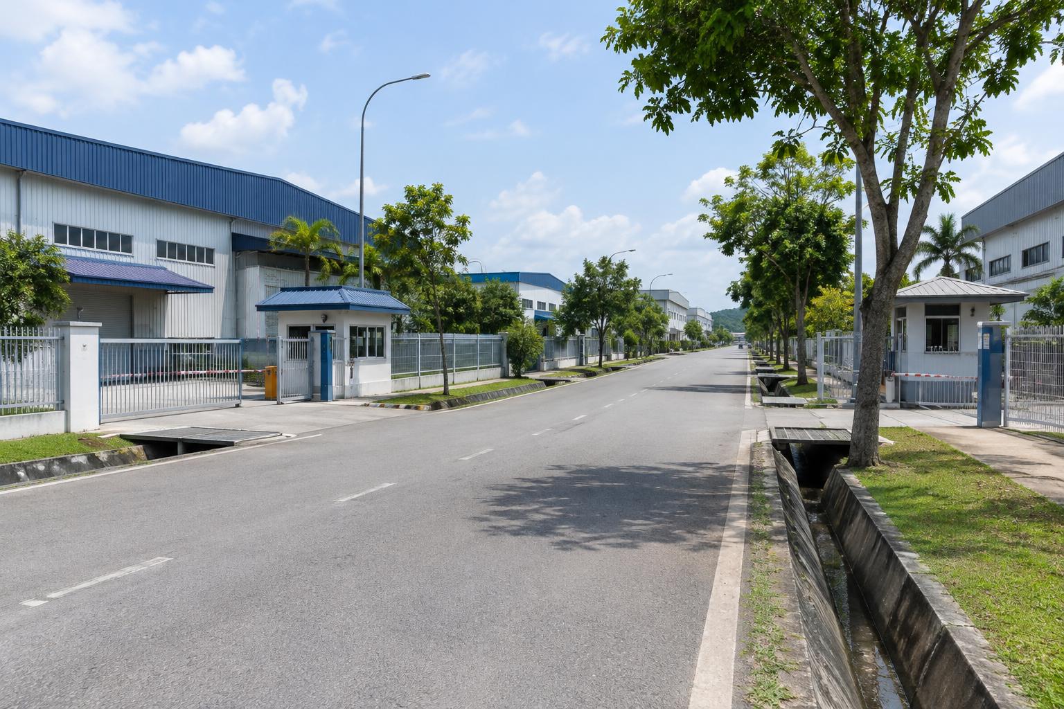 Jalan taman perindustrian dengan kilang sesebuah dan pondok pengawal