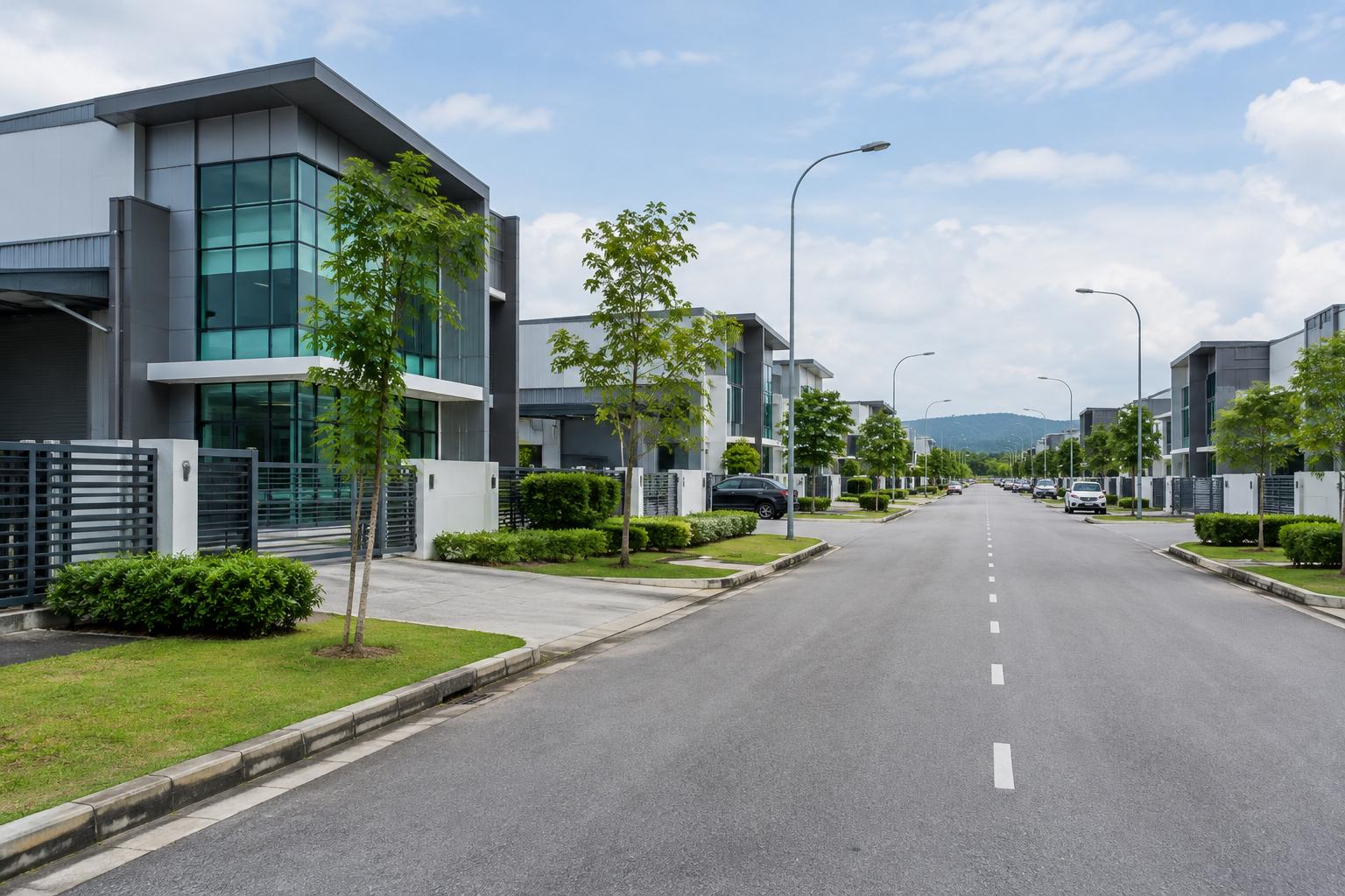 Industrial park street with modern factories and landscaped verges
