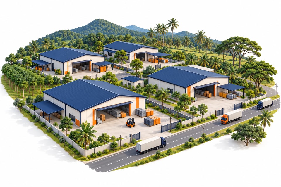 Illustration of a rural industrial area among rubber trees and hills
