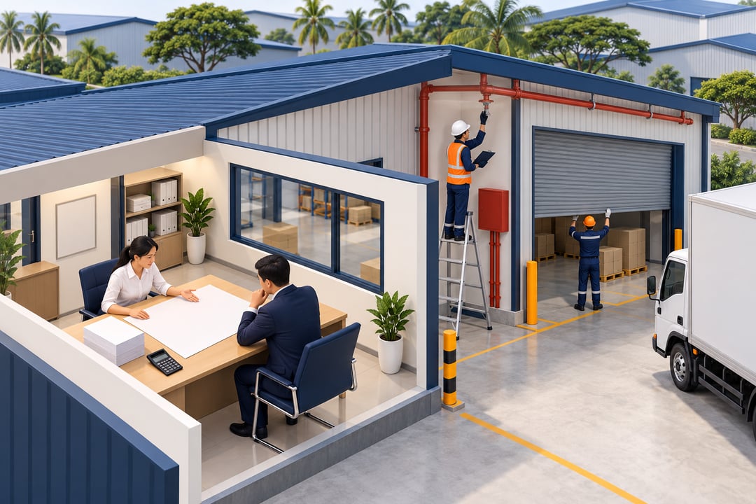 A buyer, agent and building inspector review plans and certificates at a factory desk before agreeing on the price.