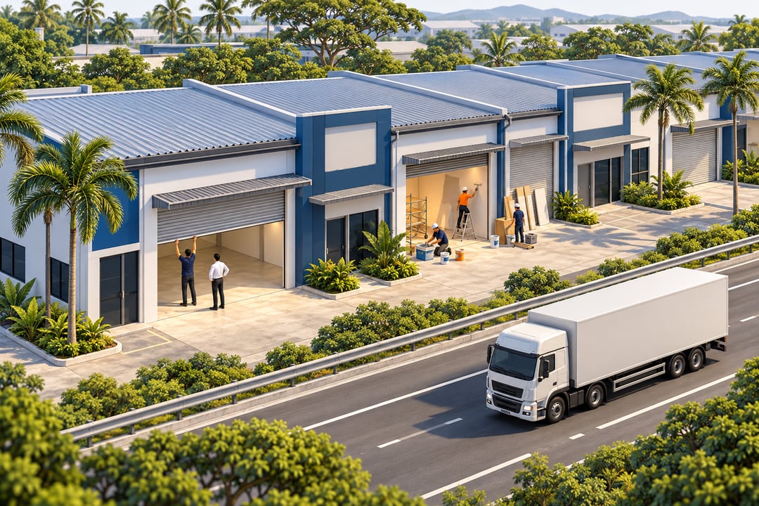An agent shows a business owner around an empty terrace factory beside a highway, where a lorry passes outside.