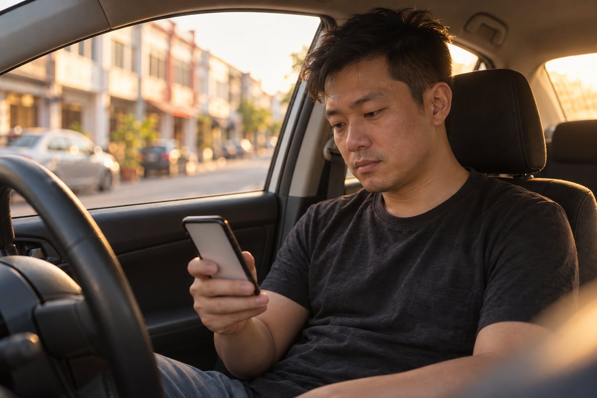 An e-hailing driver checks his phone in his parked car on a Klang Valley street