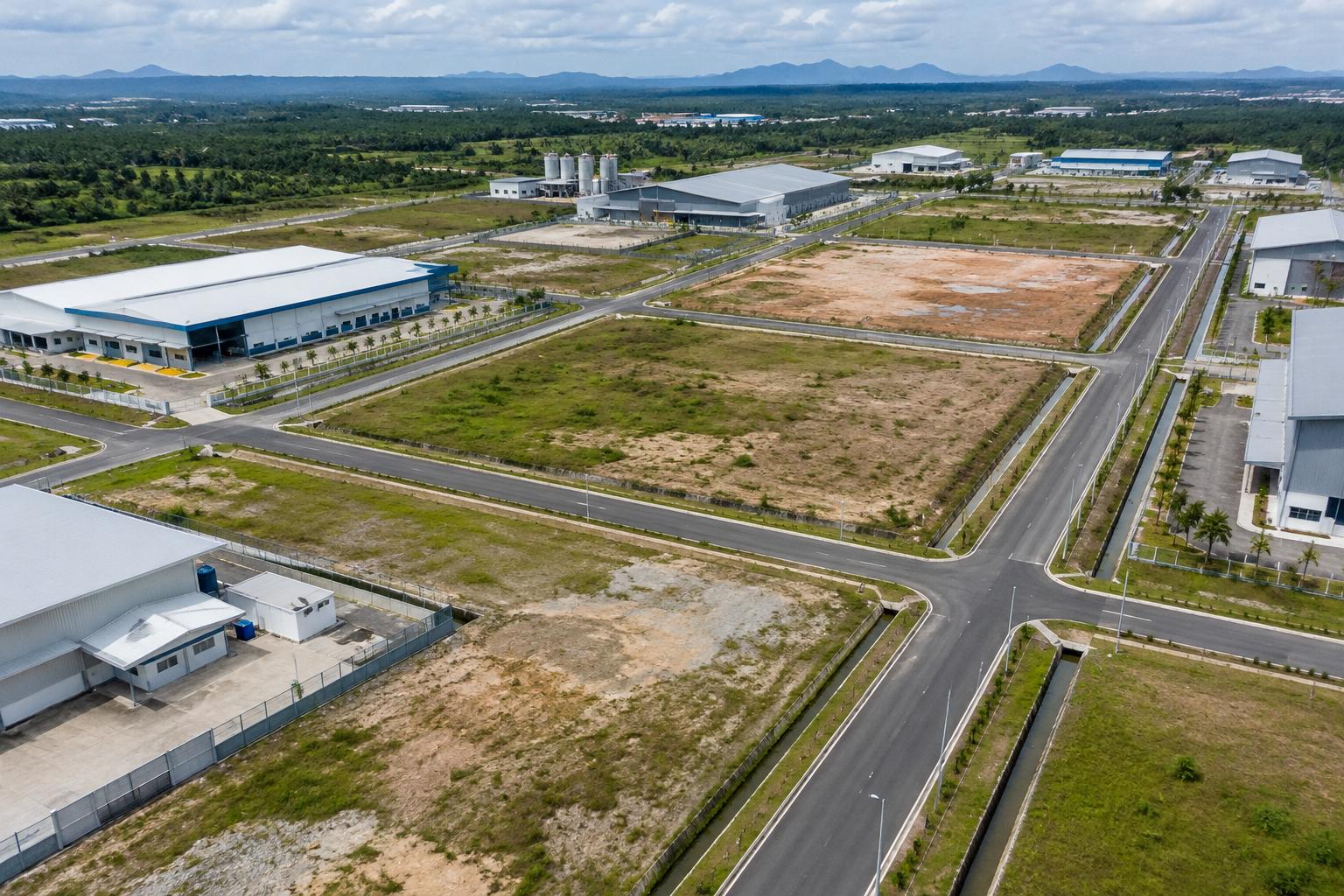 Aerial view of vacant industrial parcels along new estate roads