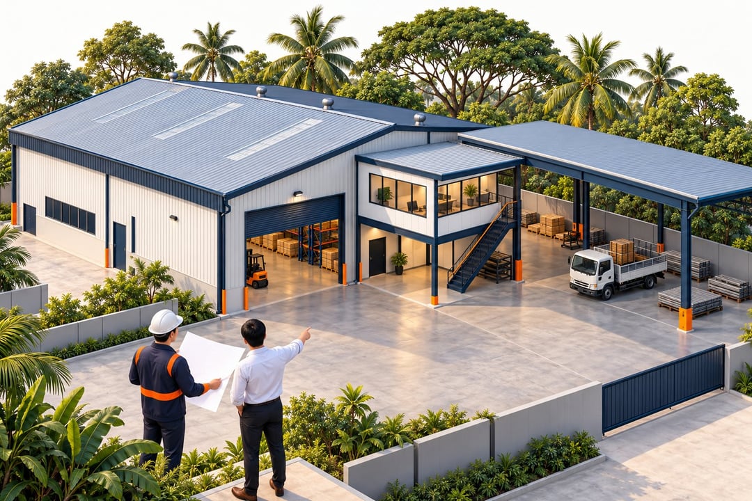 An engineer and a buyer compare the approved plan with a factory's added office and yard roof.