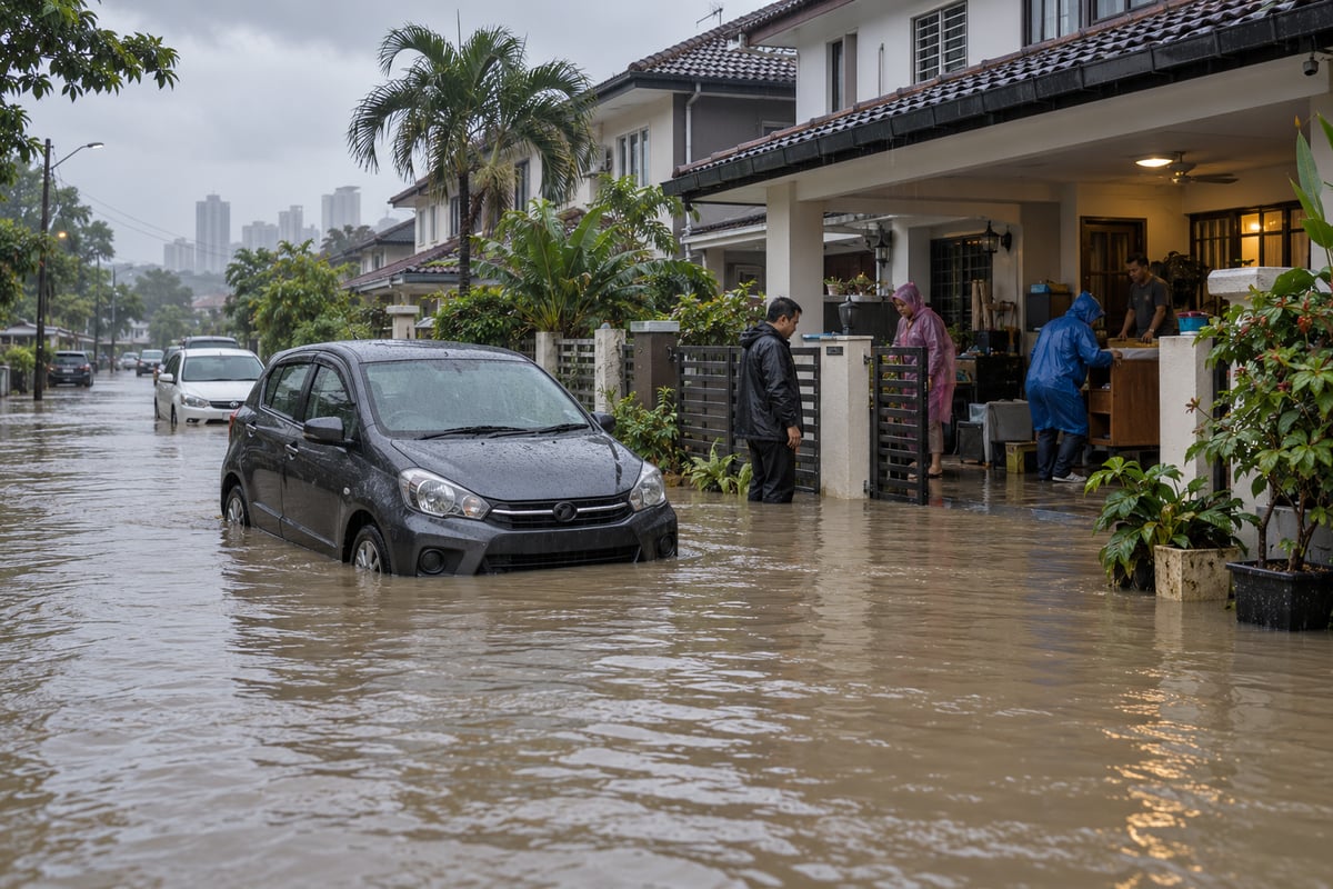 Flooded residential street in the Klang Valley with a stranded car
