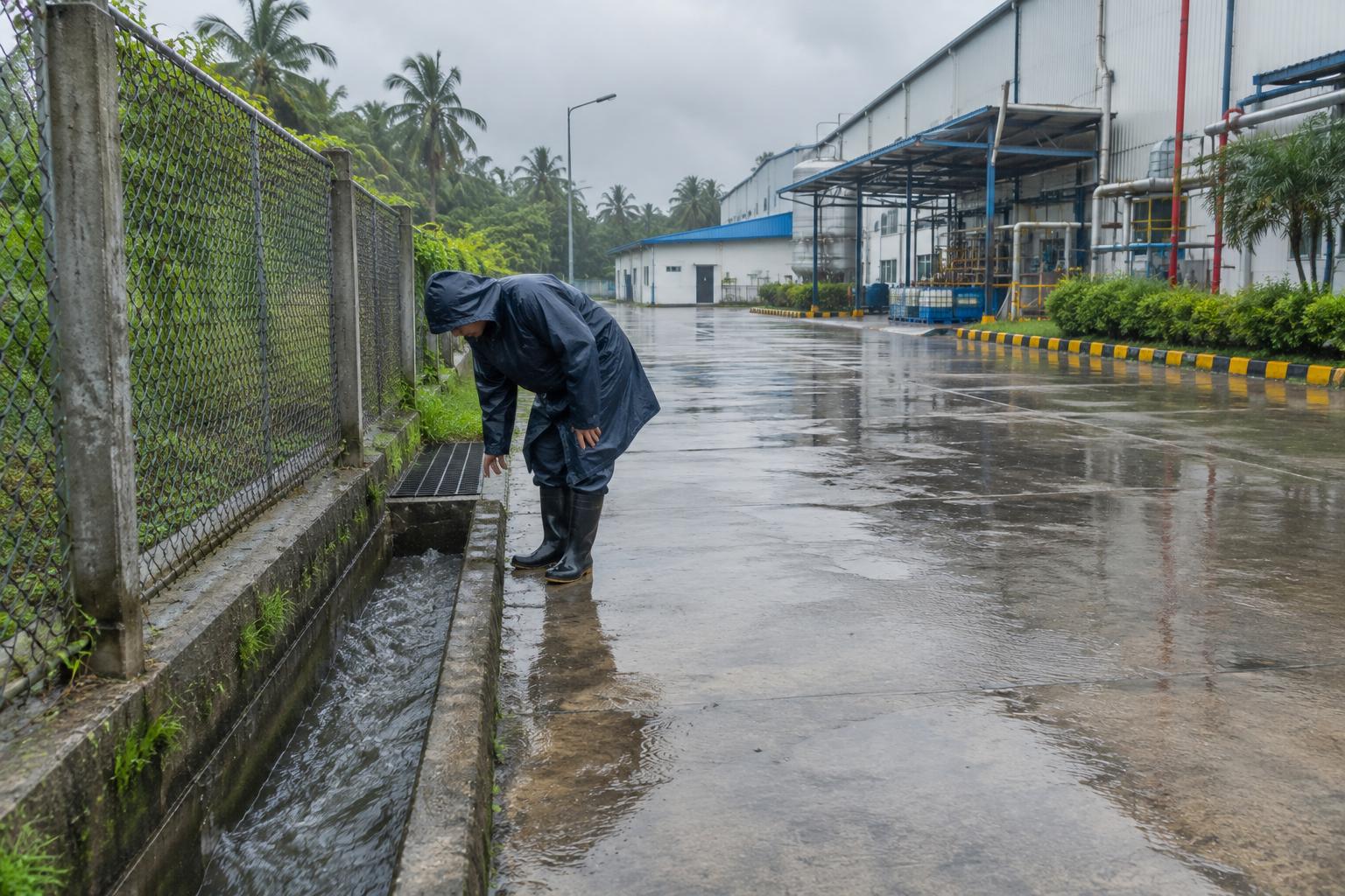 Checking the perimeter drain of a factory compound after heavy rain