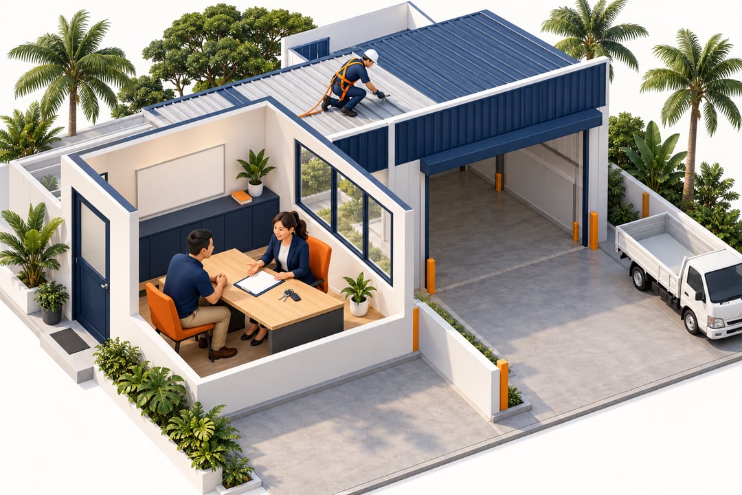 A landlord and agent check a lease while a worker repairs the roof, the costs that reduce a factory's net yield.