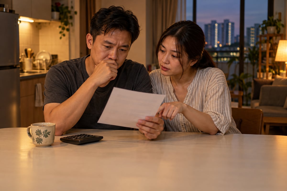 夫妻在家里查看工资单上的 SOCSO 扣款