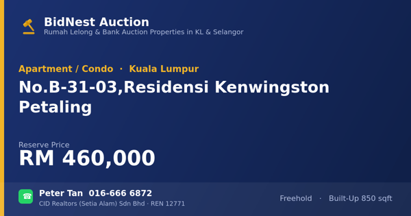 Apartmen / Kondo · No. B-31-03, Residensi Kenwingston Petaling