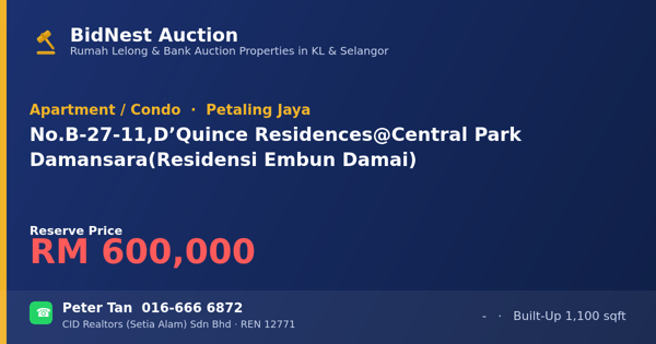 Apartmen / Kondo · No. B-27-11, D’ Quince Residences @ Central Park Damansara (Residensi Embun Damai)