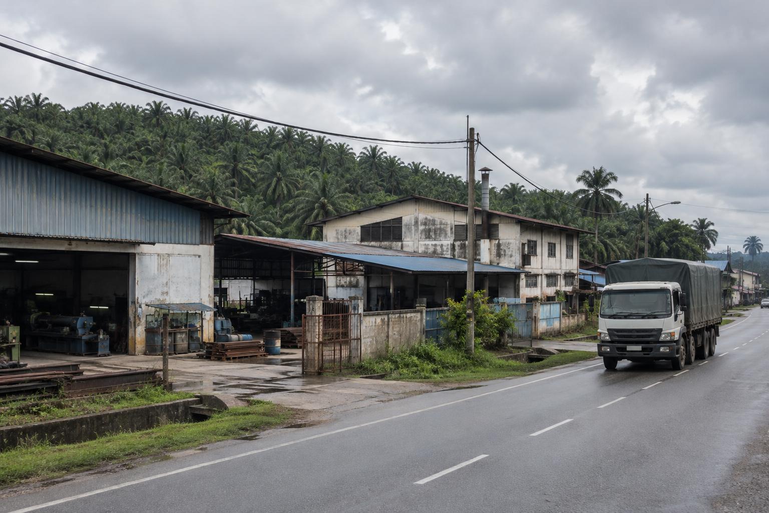 Kilang di tepi jalan dengan ladang kelapa sawit di belakang
