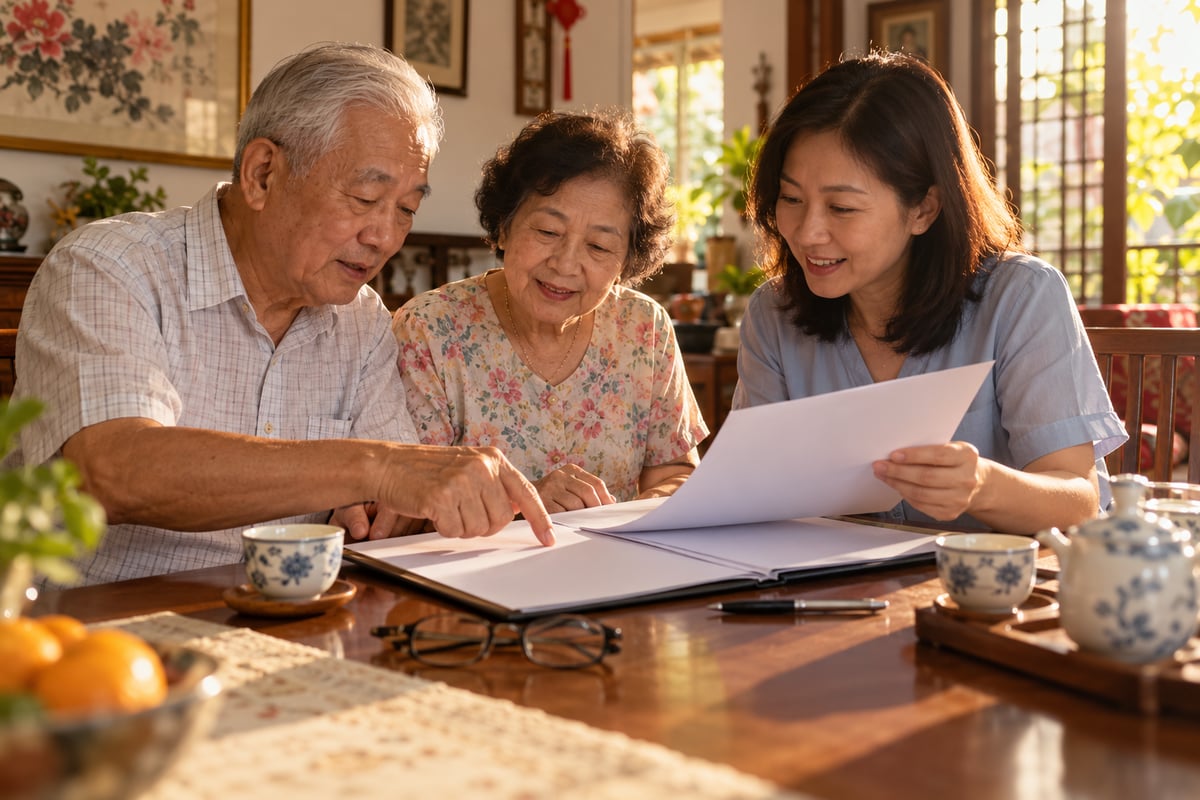 Elderly parents going through their will with their daughter