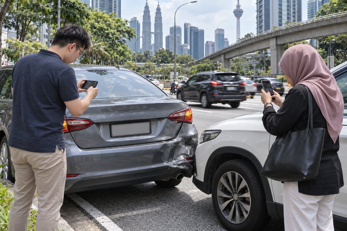 Two drivers photographing a minor car collision on a city road