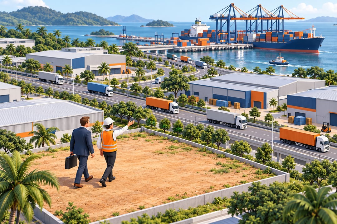 An investor and agent tour industrial land with port cranes and a container ship in the distance.