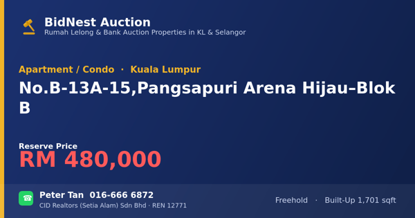 Apartmen / Kondo · No. B-13A-15, Pangsapuri Arena Hijau – Blok B