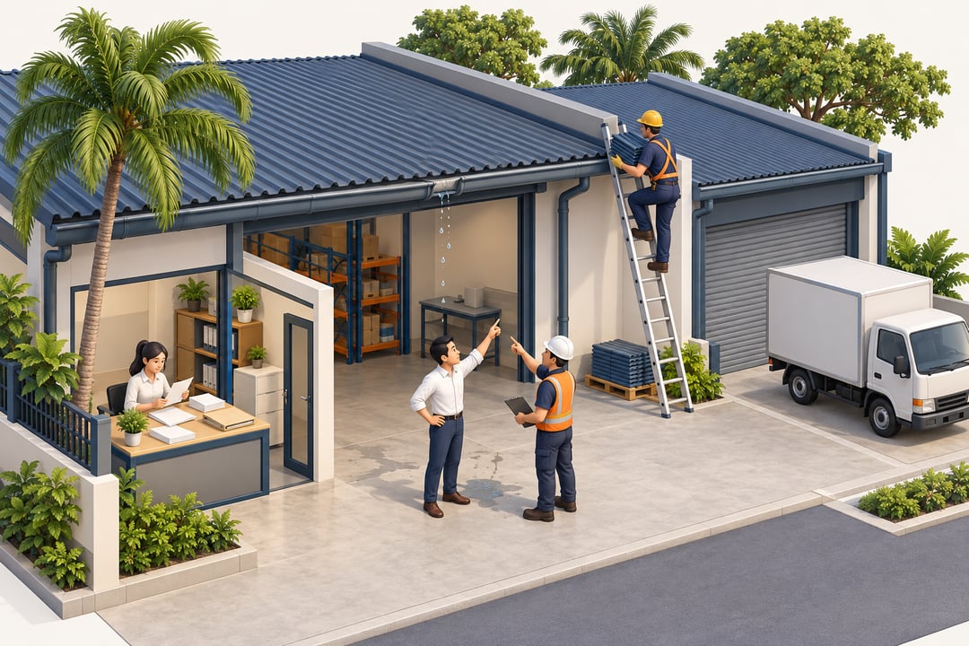 A landlord checks roof repairs and pays land tax and insurance for a rented factory while the unit next door sits empty.