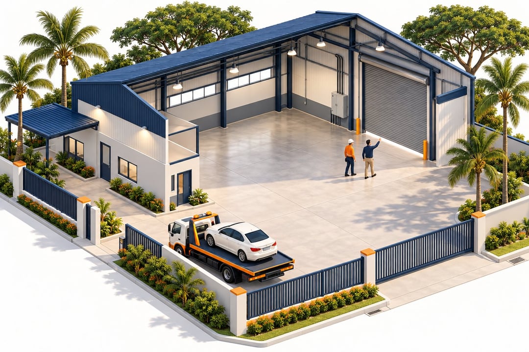 Tenant and owner inspect a detached factory with a wide yard and roller shutter for workshop use
