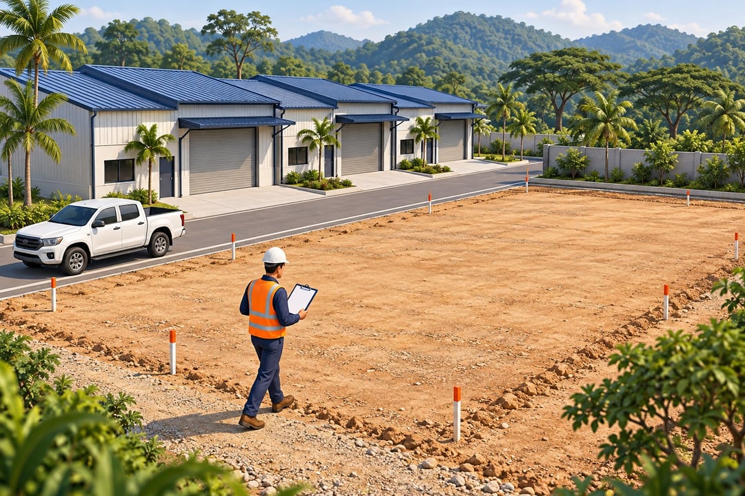 A valuer walks a pegged industrial plot beside semi-detached factories in Serendah