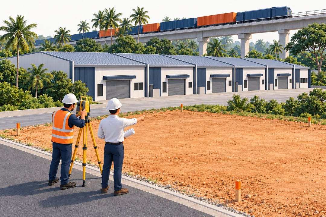 A surveyor and a buyer check a cleared industrial plot beside terrace factories, with a freight train on a viaduct behind