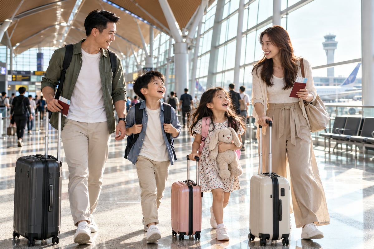 Family with suitcases at the airport departure hall
