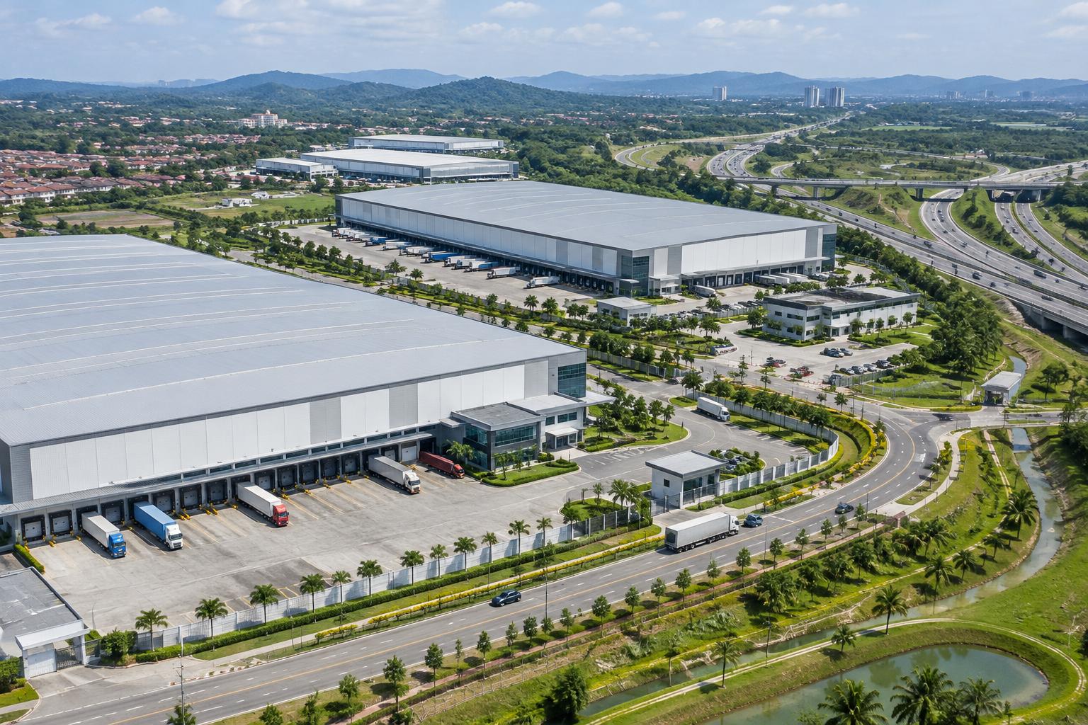 Large distribution warehouses in a planned township near a highway