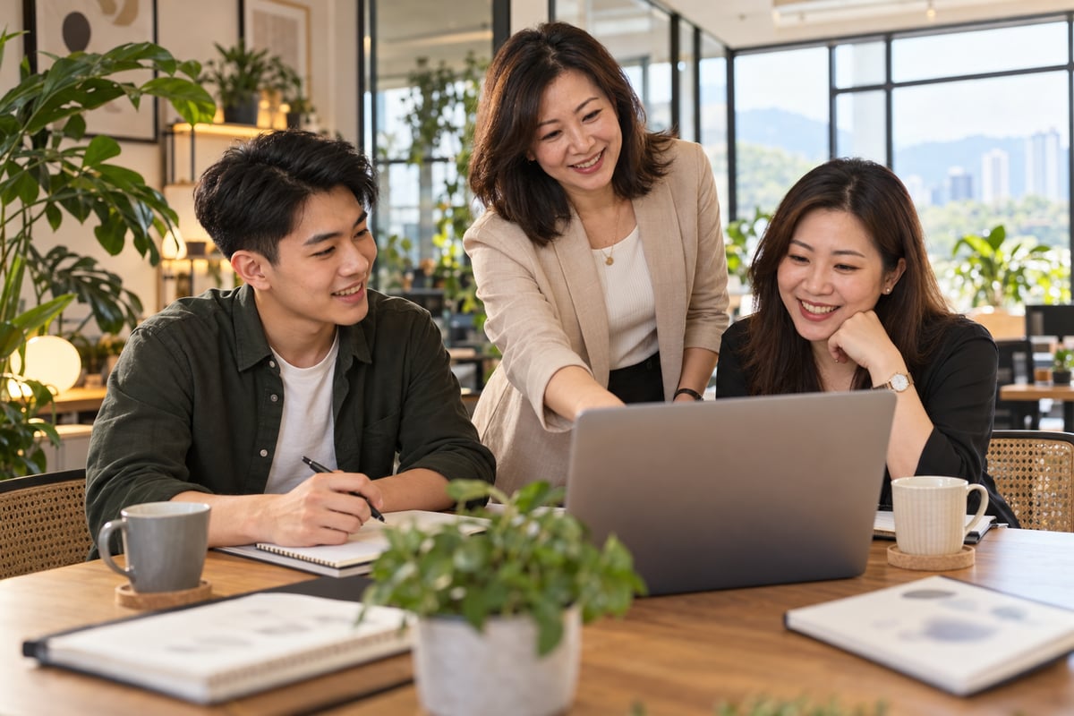 Experienced insurance agent mentoring two new team members in an office