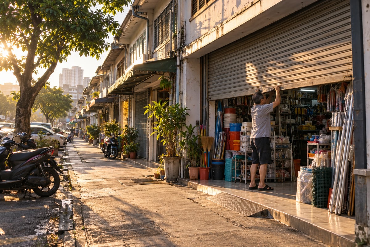 Shop owner opening the shutter of a shophouse in the morning