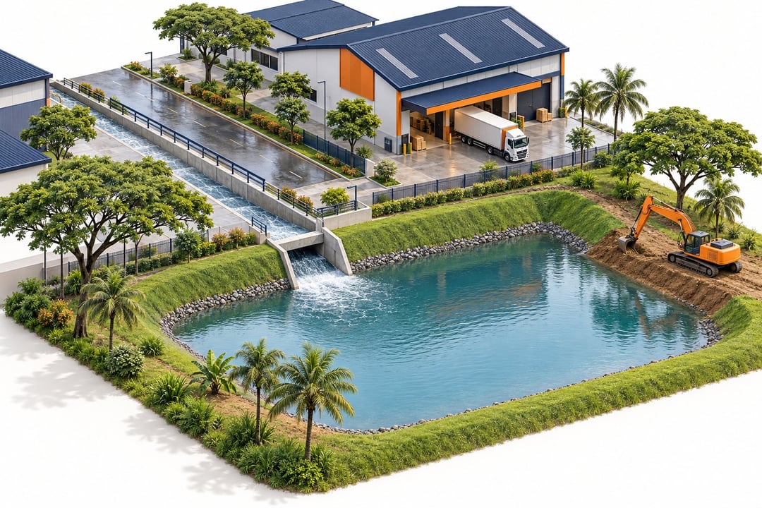 工业区旁新建的滞洪池，接收厂房道路沟渠排出的雨水