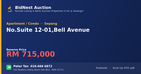Apartmen / Kondo · No. Suite 12-01, Bell Avenue