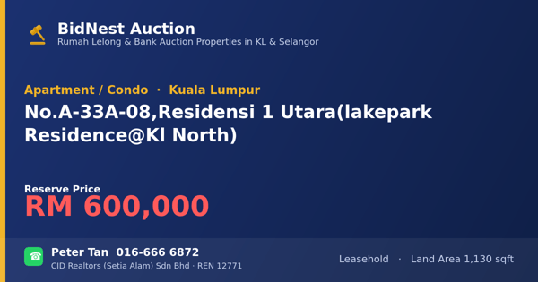 Apartmen / Kondo · No. A-33A-08, Residensi 1 Utara (lakepark Residence @ Kl North)