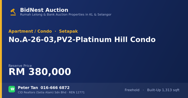 Apartmen / Kondo · No. A-26-03, PV2-Platinum Hill Condo