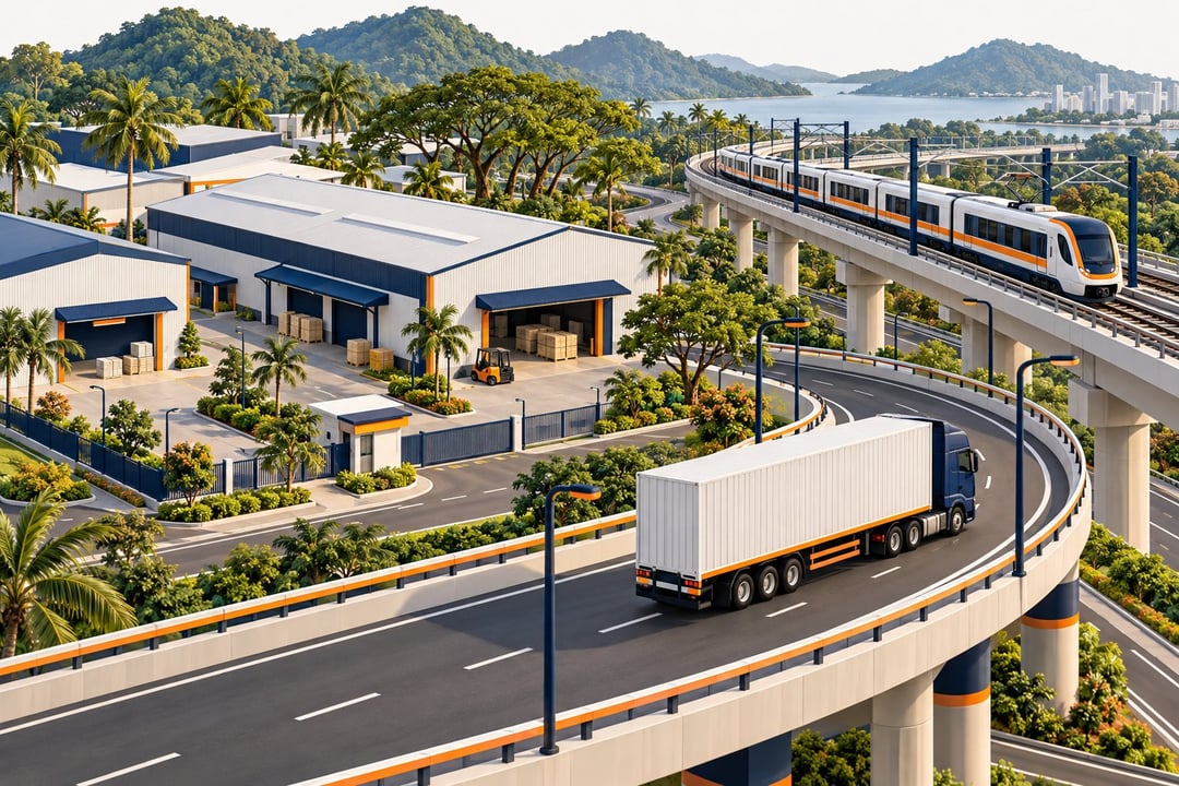 A container lorry leaving a factory estate onto a highway ramp beside a commuter train line