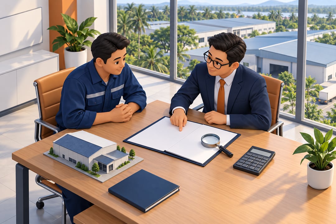 A tenant and a tax consultant review a factory lease agreement at a desk, checking the tax clause with a magnifying glass.