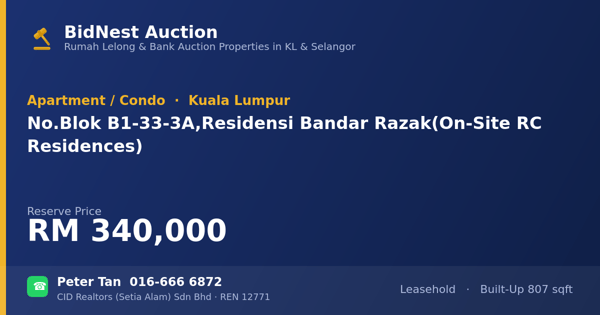 Apartmen / Kondo · No. Blok B1-33-3A, Residensi Bandar Razak ( On-Site RC Residences)