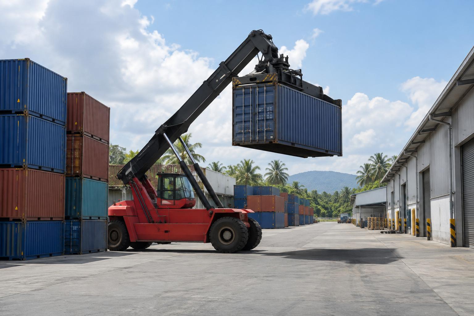 Reach stacker mengangkat kontena di laman sebelah gudang