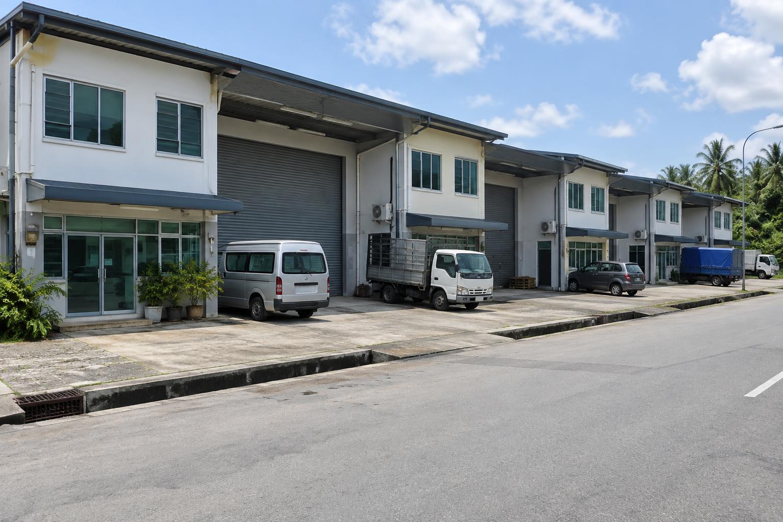 Row of semi-detached light industrial factories with roller shutters