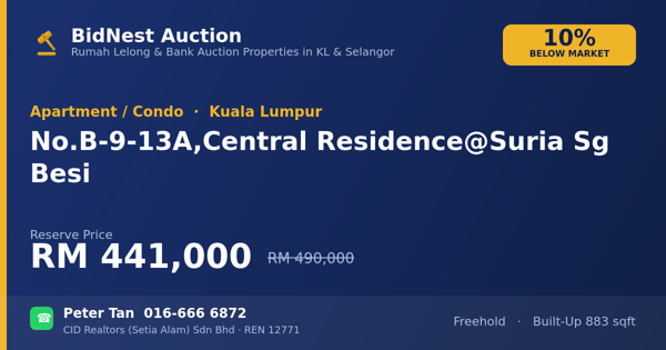 Apartmen / Kondo · No. B-9-13A, Central Residence @ Suria Sg Besi