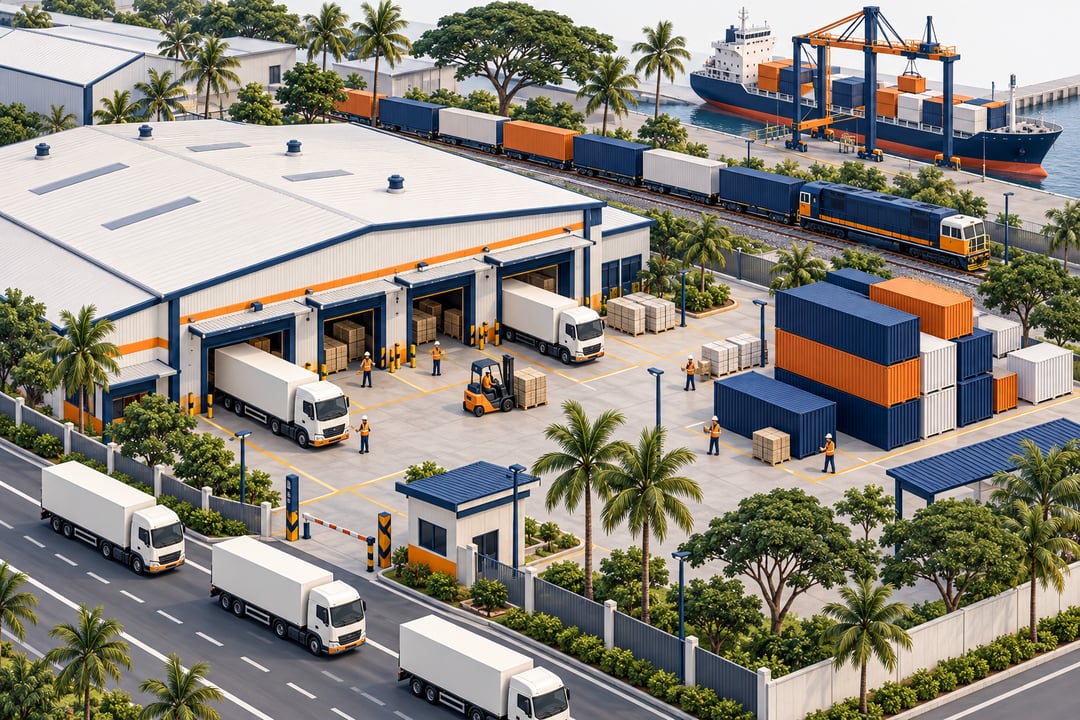 Lorries leave a warehouse near a port highway, showing why industrial property tied to cargo feels the rail line most.