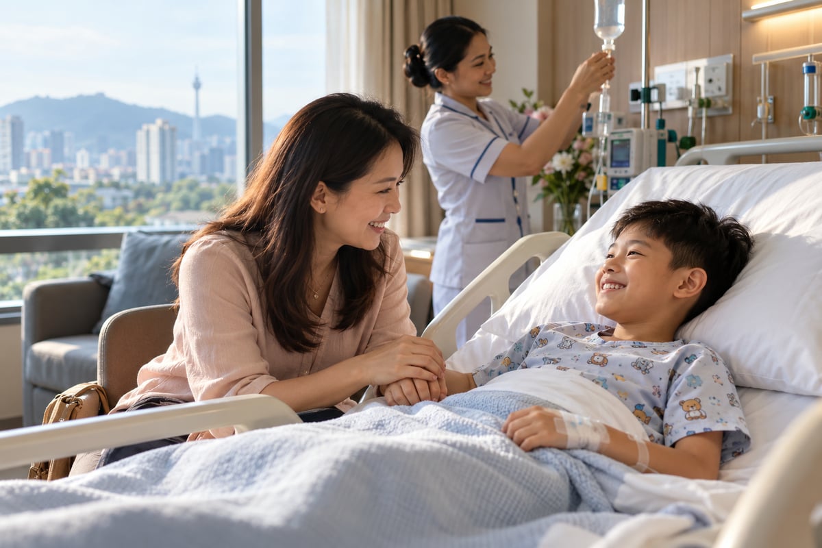 Mother sitting with her recovering son in a hospital room