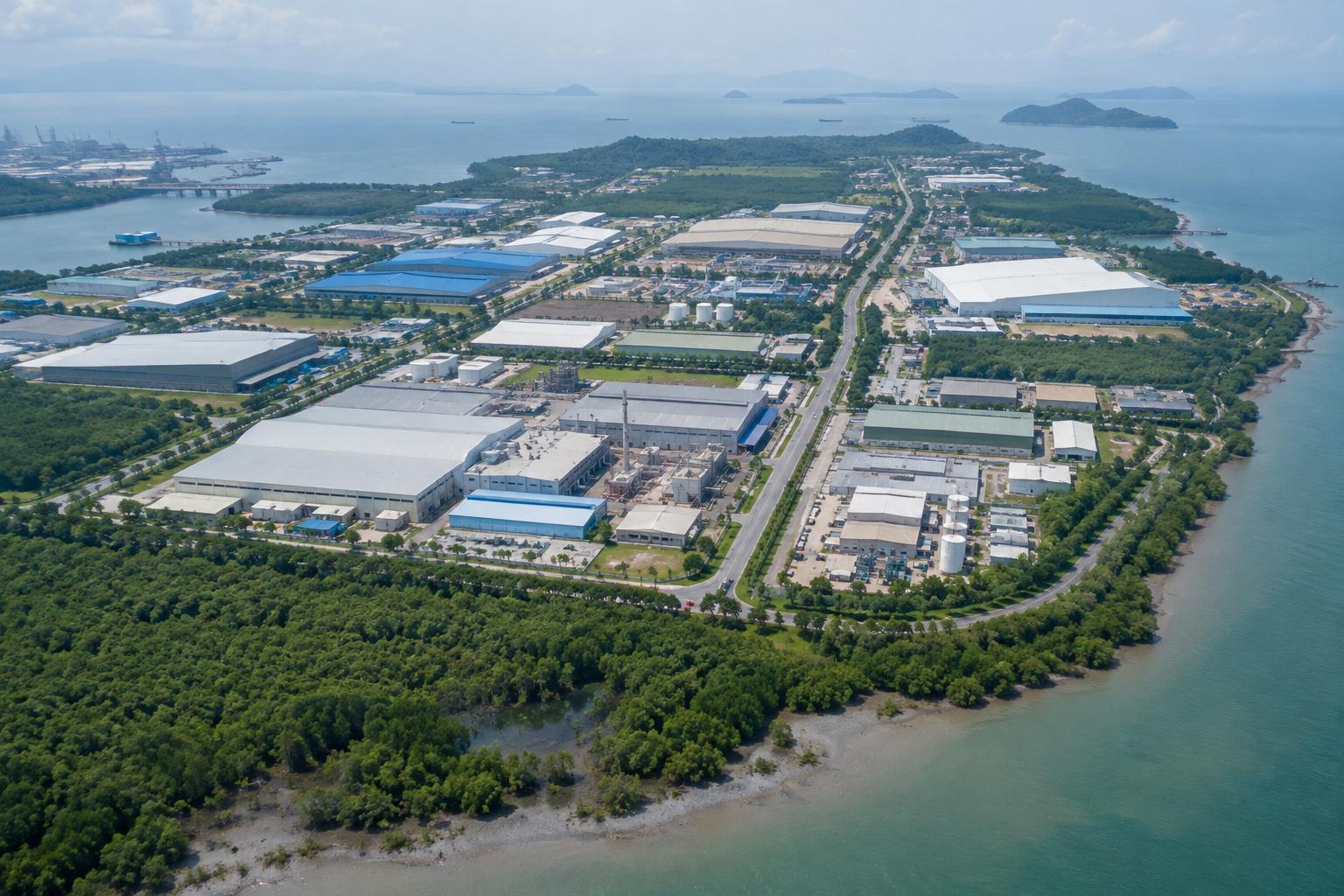 Pandangan udara kawasan perindustrian pulau dengan pesisir bakau