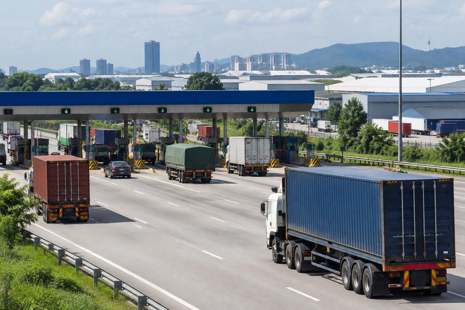 Expressway toll plaza with lorries and warehouses beyond