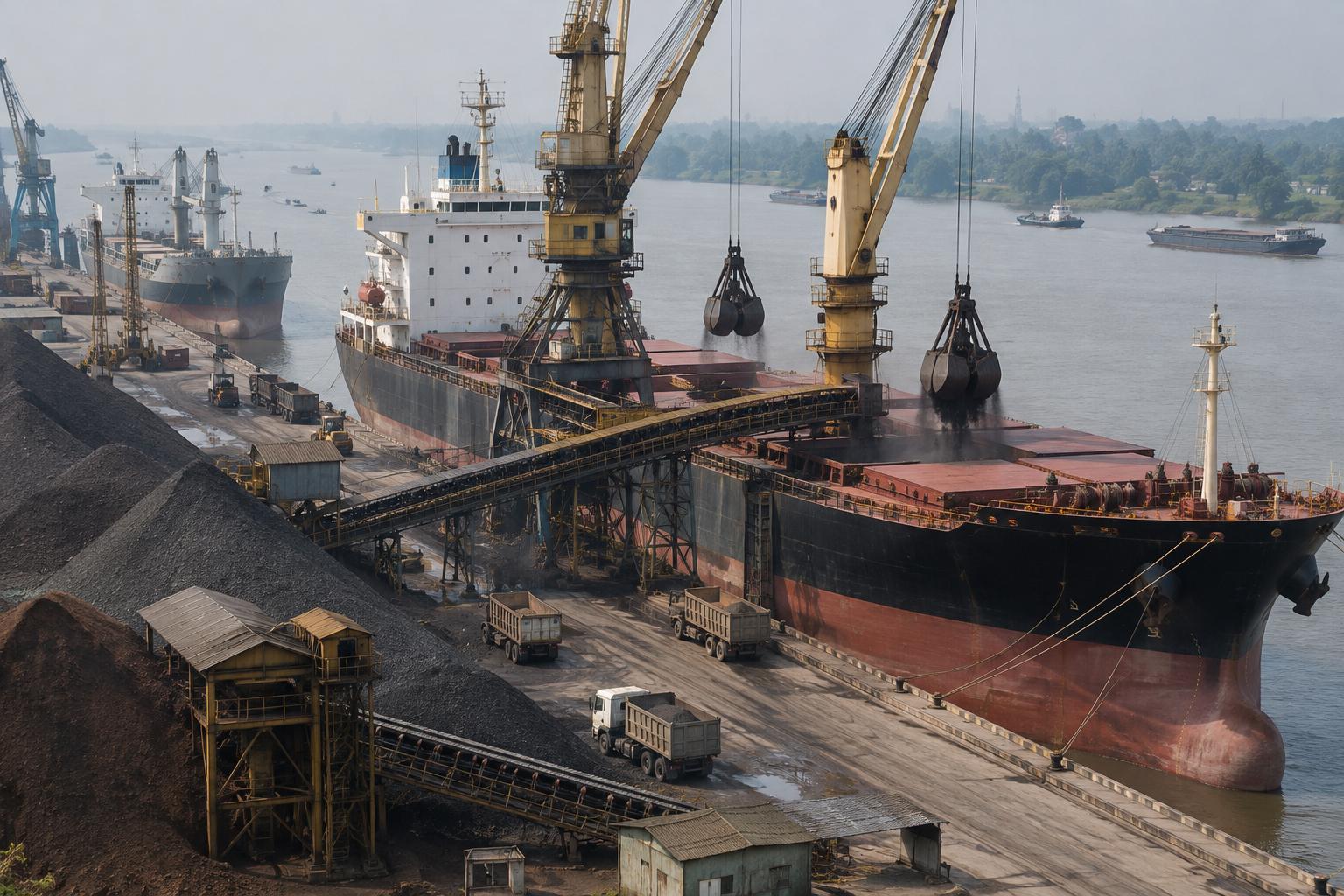 Kapal pukal dipunggah oleh kren cakar di dermaga kargo